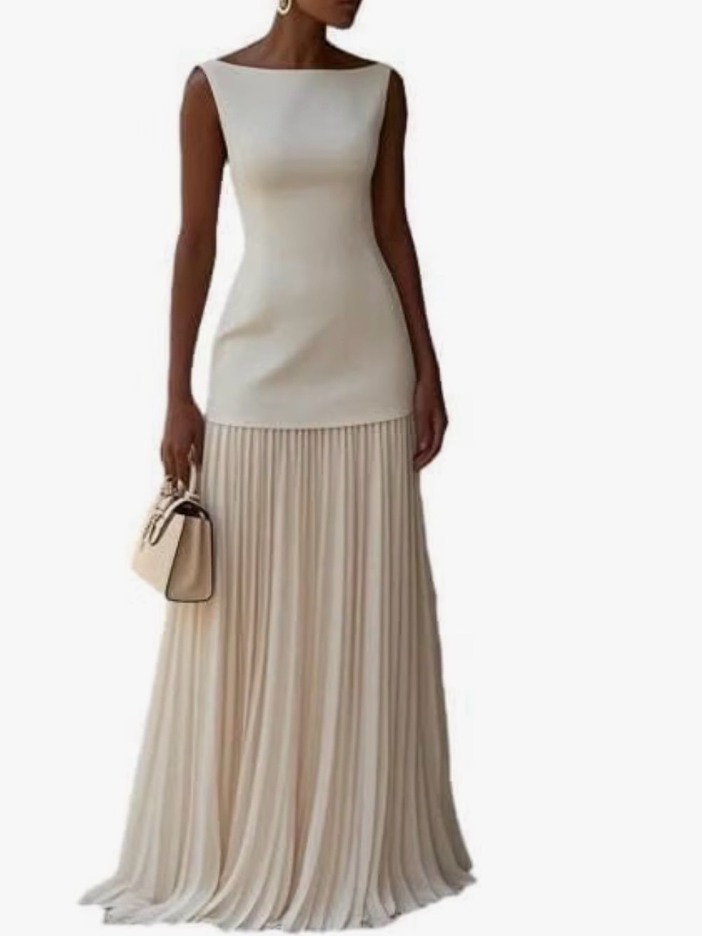 Elegant Cream Sleeveless Pleated Maxi Dress
